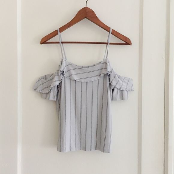 American Eagle Outfitters Tops - Striped light gray cold shoulder ruffle top S
